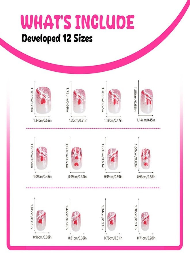 KRTBKR 24Pcs Valentines Day Press on Nails Short Square Fake Nails Red Heart Pink Glitter with French Lines Full Cover Acrylic Tip Glue on Nails Artificial Reusable French Tip False Nails for Women Girls - Image 5